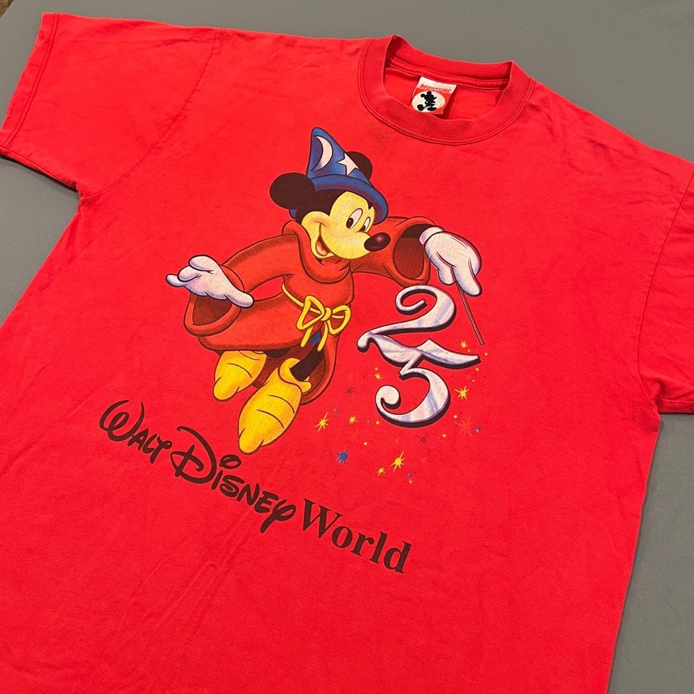 Vintage Walt Disney World 25th Anniversary Sorcerer Mickey T-Shirt Red XL 90s